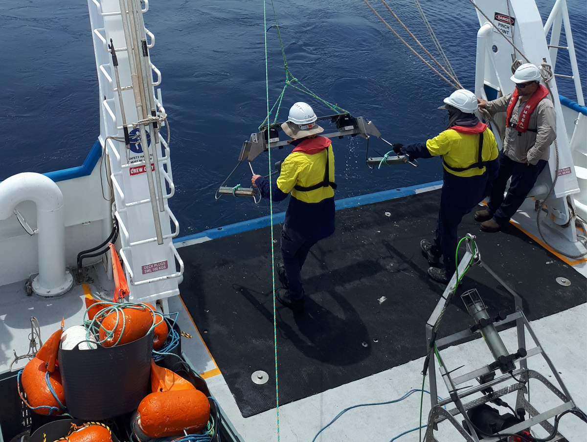 Camera system being launched from the deck of the RV Solander.