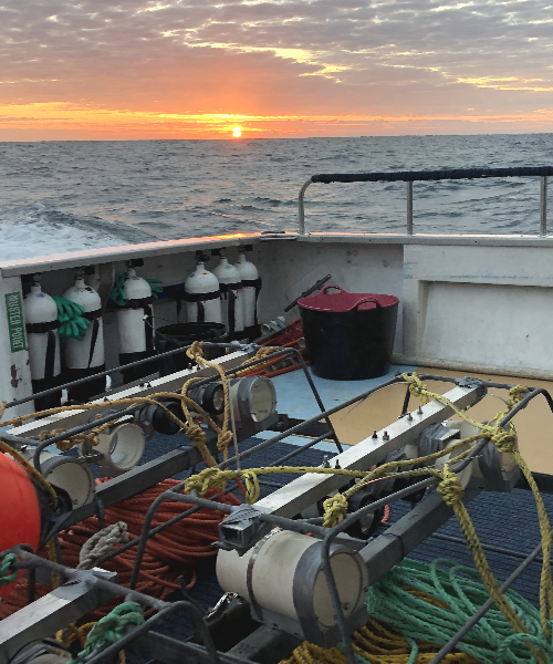 Underwater video equipment on the deck of a vessel in the sunset